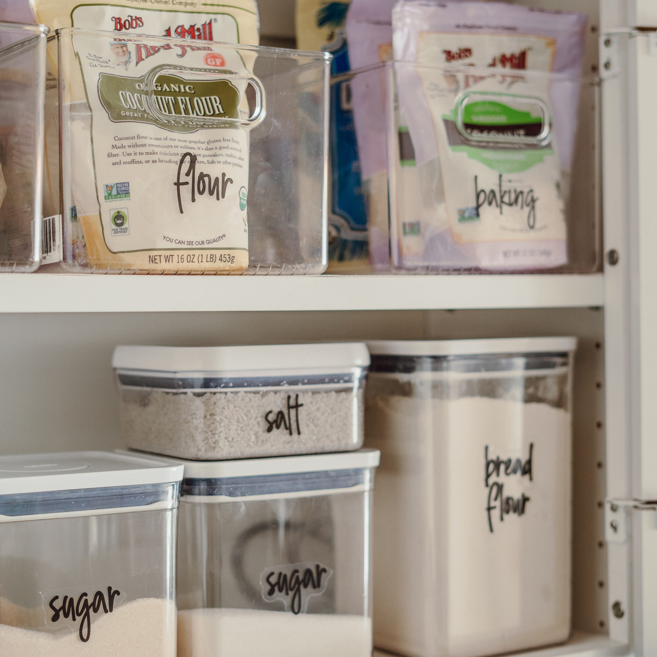 Clearly labeled pantry containers